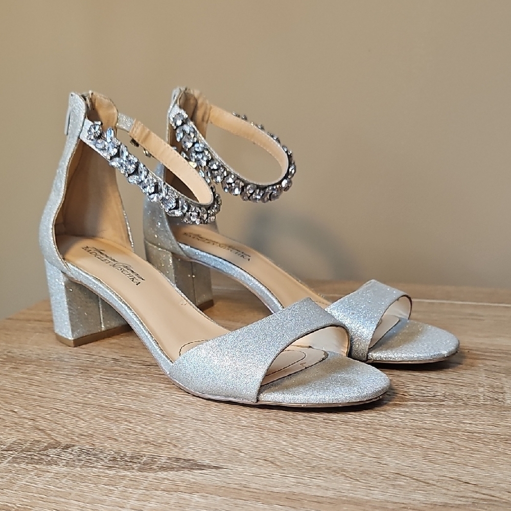 Badgley Mischka Glittering Silver Heels Embellished Ankle Strap